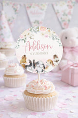 Bunny Party Topper or Sticker Round Tag Editable Template, INSTANT DOWNLOAD