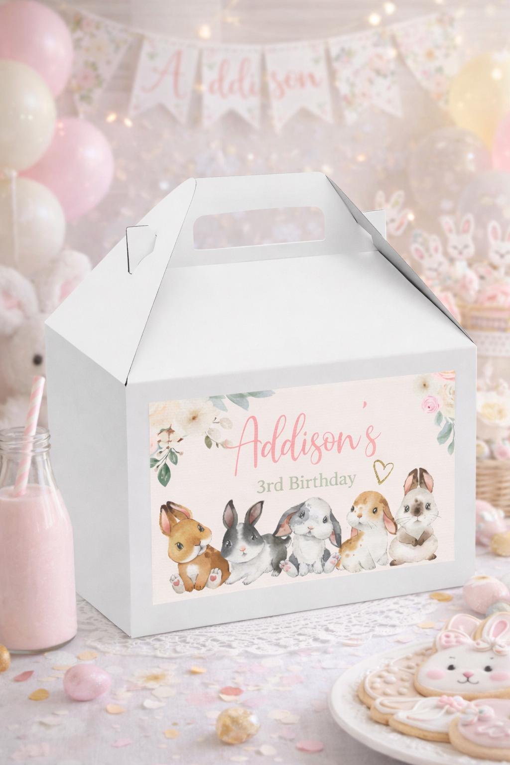 Bunny Party Gable Favor Box Labels, EDITABLE Template, INSTANT DOWNLOAD