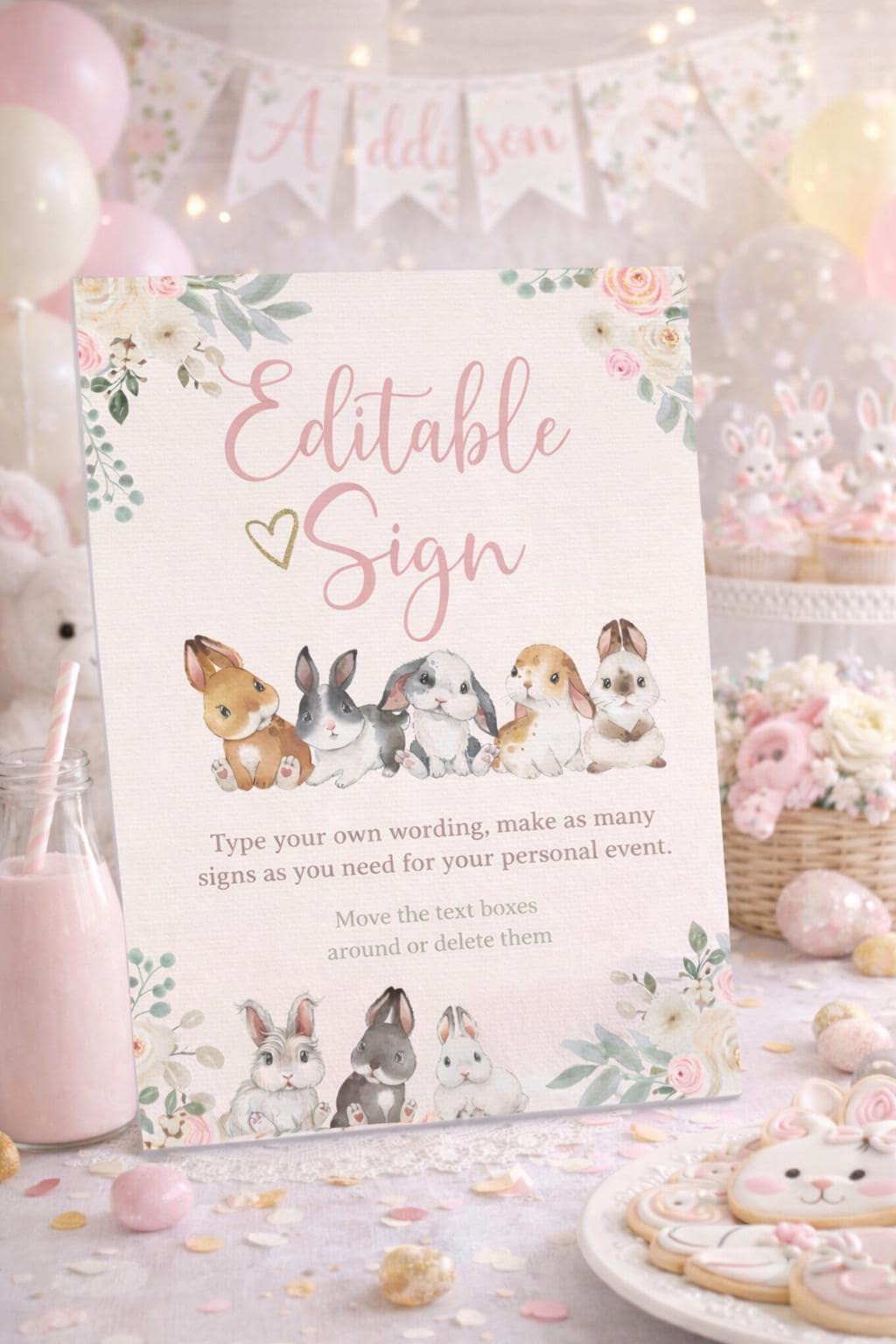 Editable Bunny Welcome Sign, Spring Birthday Party Decor (Instant Download)
