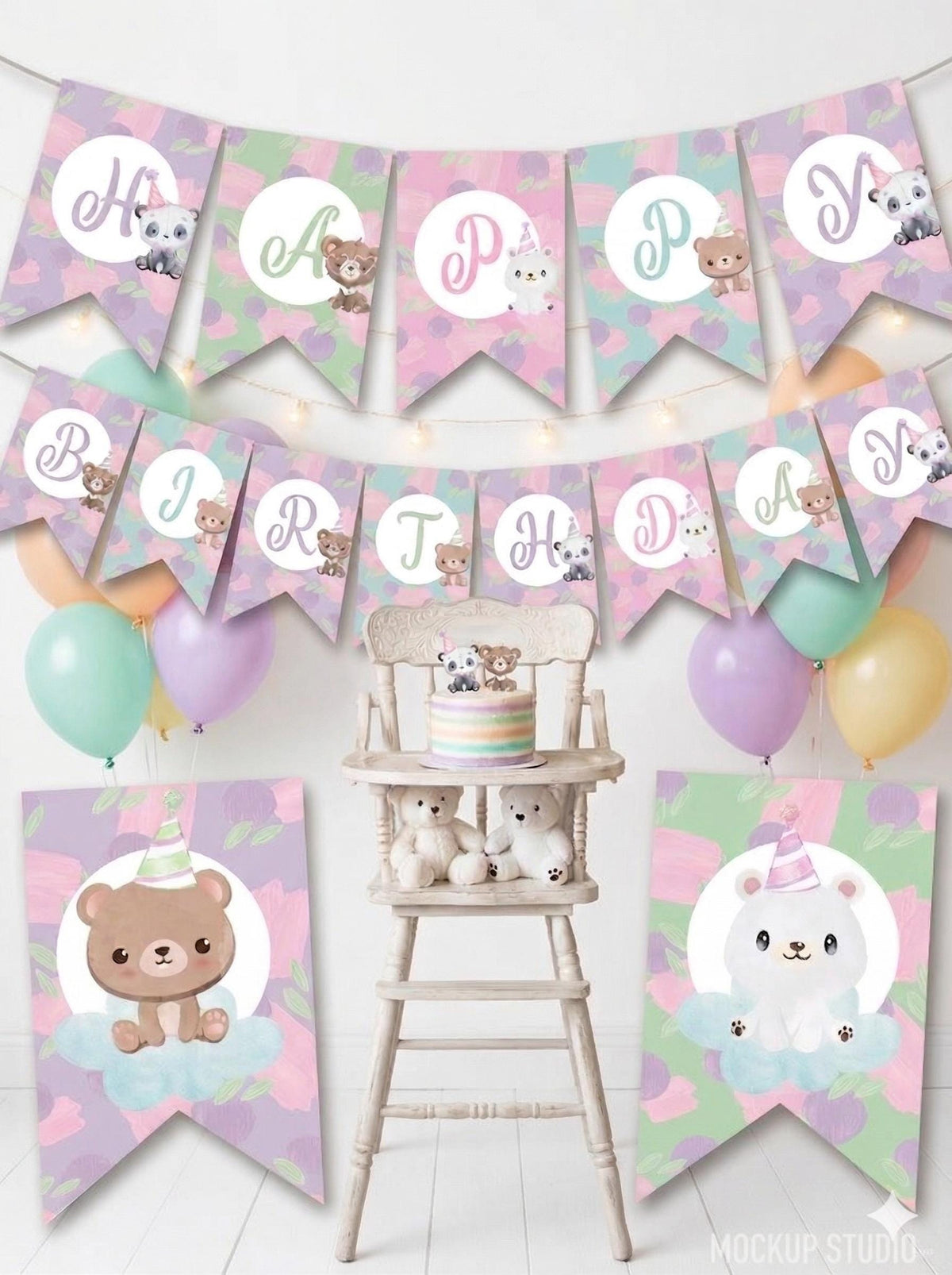Bear Happy Birthday Banner Editable Template to add your own text, INSTANT DOWNLOAD