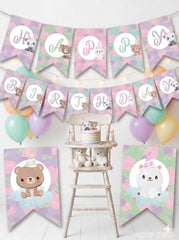 Bear Happy Birthday Banner Editable Template to add your own text, INSTANT DOWNLOAD