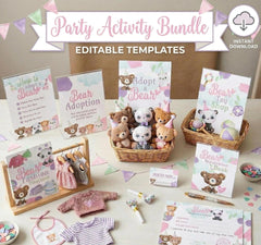 Bear Birthday Party Bundle of Activities with Editable Signs and Certificates, INSTANT DOWNLOAD