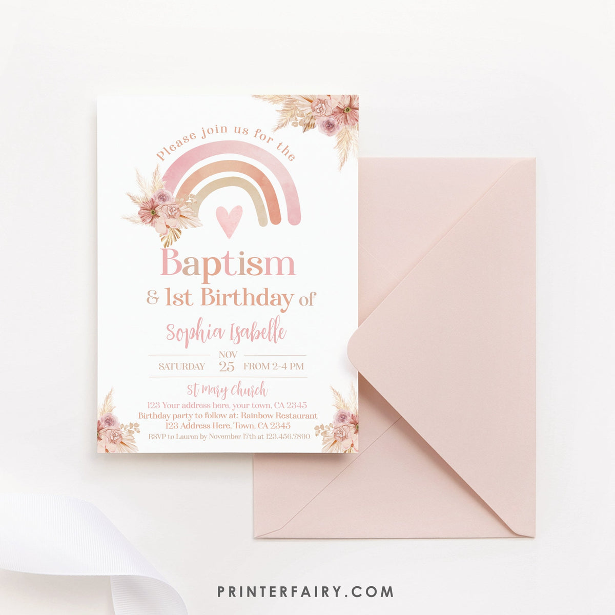 Boho Rainbow Baptism & Birthday Invitation Editable Template, Pastel Watercolor, Pink Boho, Pampas Grass Christening, INSTANT DOWNLOAD