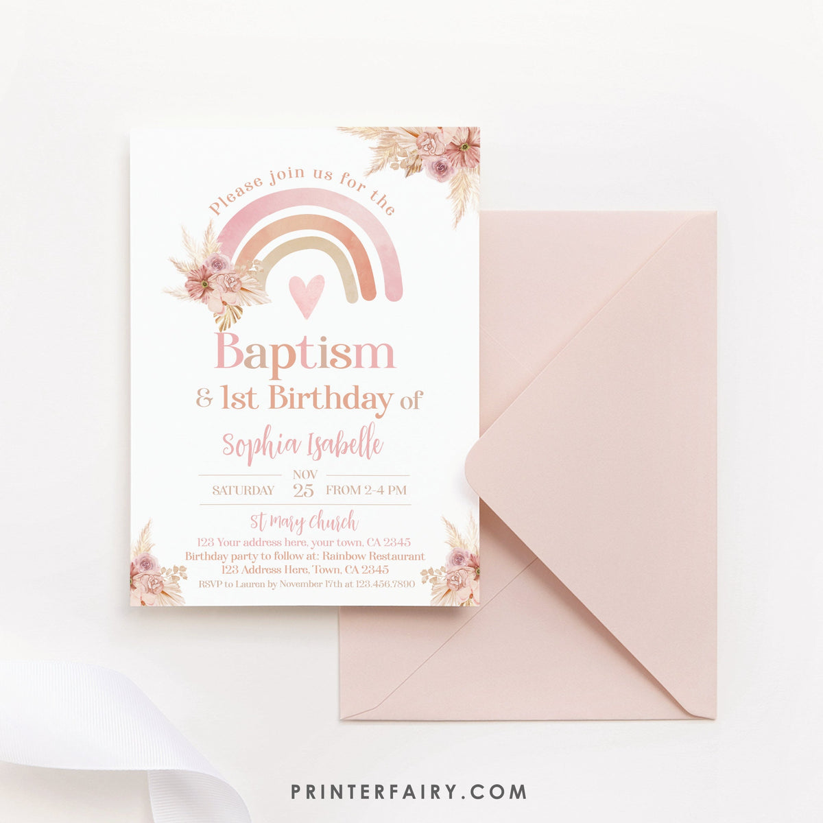 Boho Rainbow Baptism & Birthday Invitation Editable Template, Pastel Watercolor, Pink Boho, Pampas Grass Christening, INSTANT DOWNLOAD