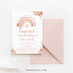 Boho Rainbow Baptism & Birthday Invitation Editable Template, Pastel Watercolor, Pink Boho, Pampas Grass Christening, INSTANT DOWNLOAD