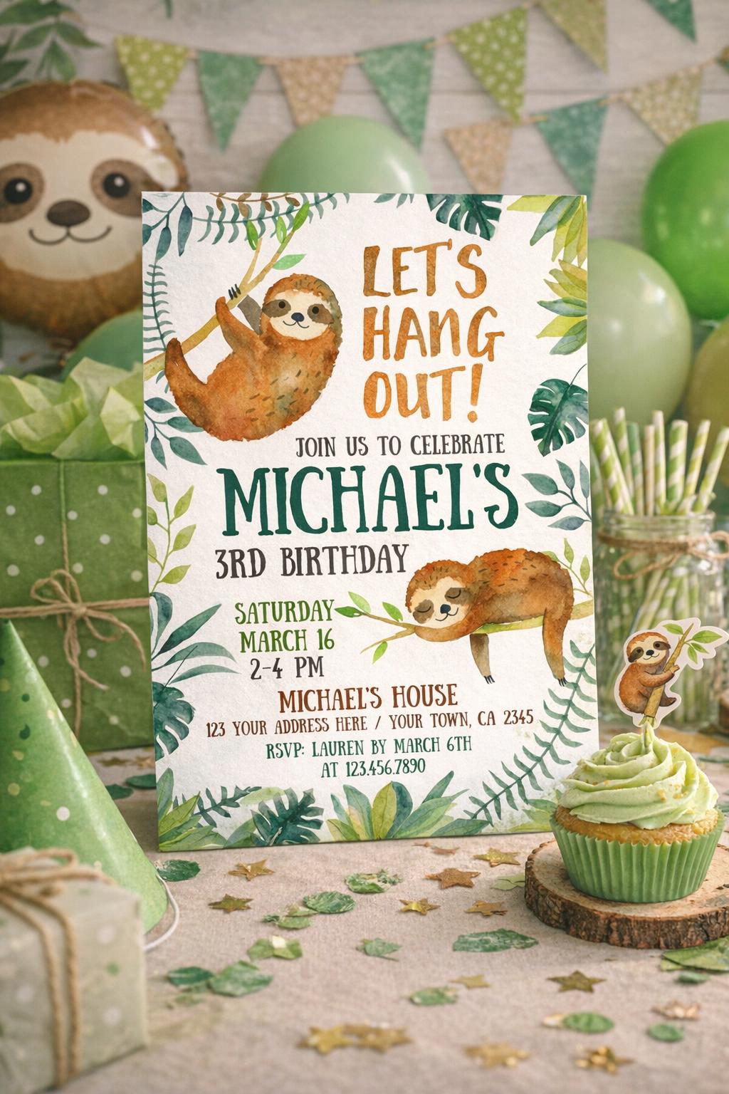 Sloth Birthday Invitation Editable Template, Jungle Theme, Digital Instant Download
