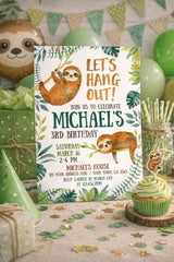 Sloth Birthday Invitation Editable Template, Jungle Theme, Digital Instant Download