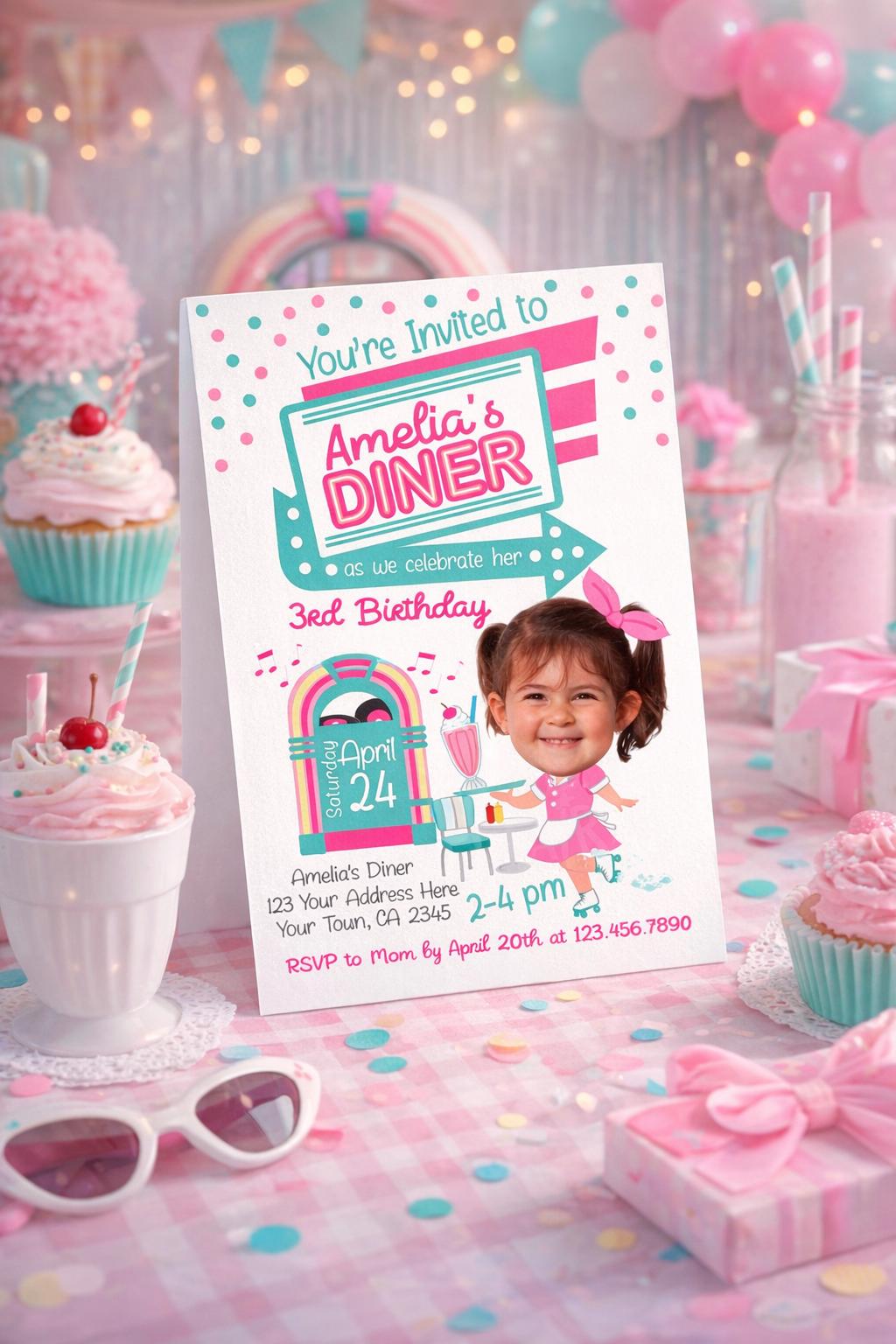 Diner Birthday Invitation Personalized with photo, Digital or Printable Design