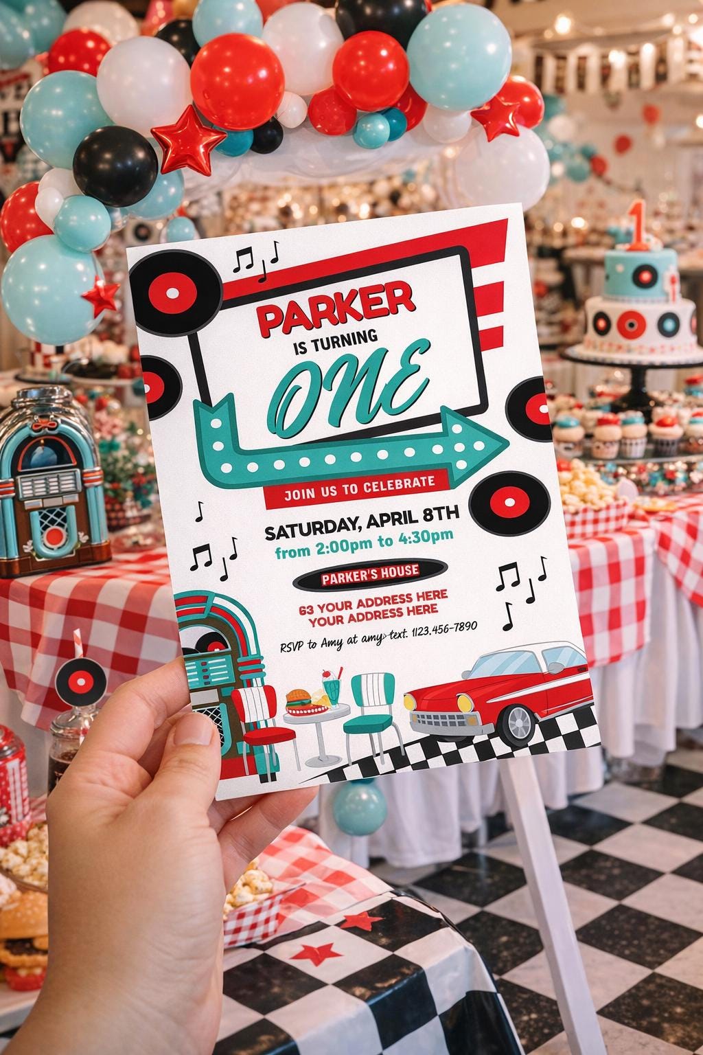 Diner First Birthday Invitation Editable Template, American Diner Retro Party Theme, INSTANT DOWNLOAD