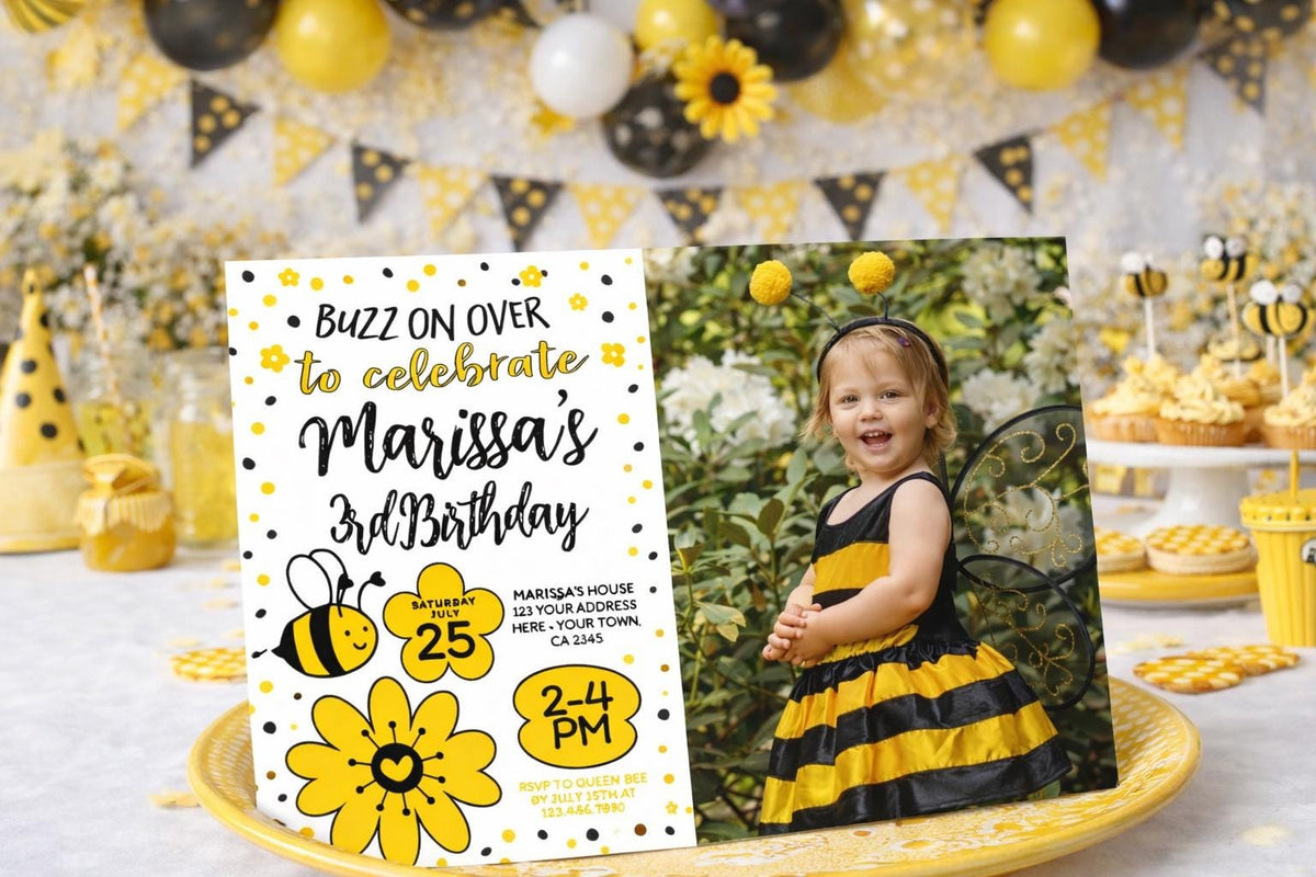 Bee Birthday Invitation with Photo Editable Template for Any Age, Sunflower Party, Instant Download