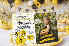 Bee Birthday Invitation with Photo Editable Template for Any Age, Sunflower Party, Instant Download
