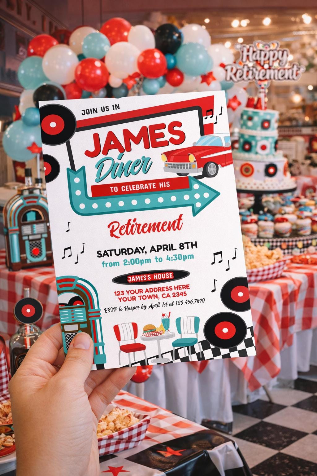 Diner Retirement Party Invitation, 1950's Retro Theme, Editable Template (Instant Download)