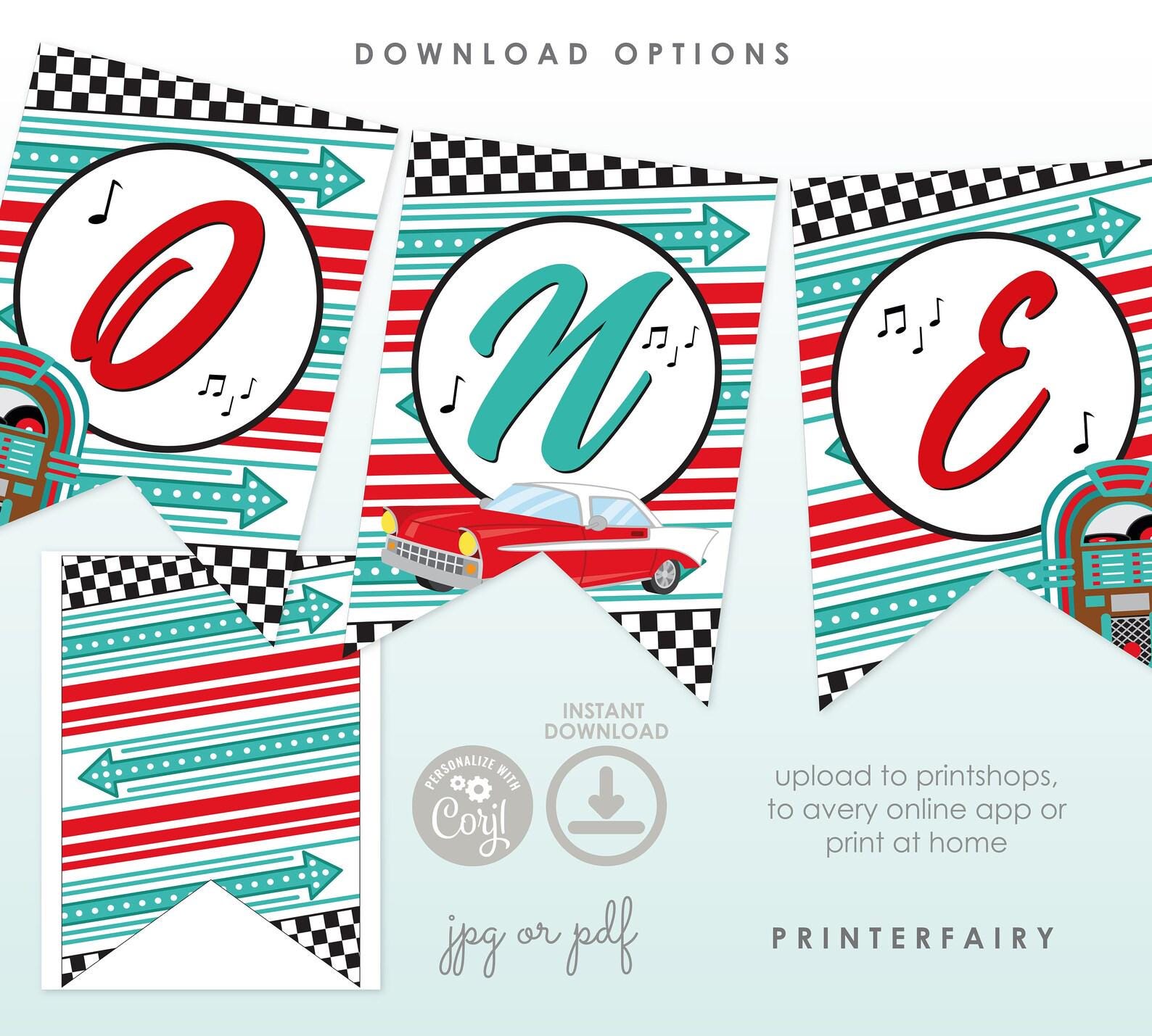 Diner 1st Birthday Bundle, Editable Invitation, Milestone Board, Decorations (Digital Download)