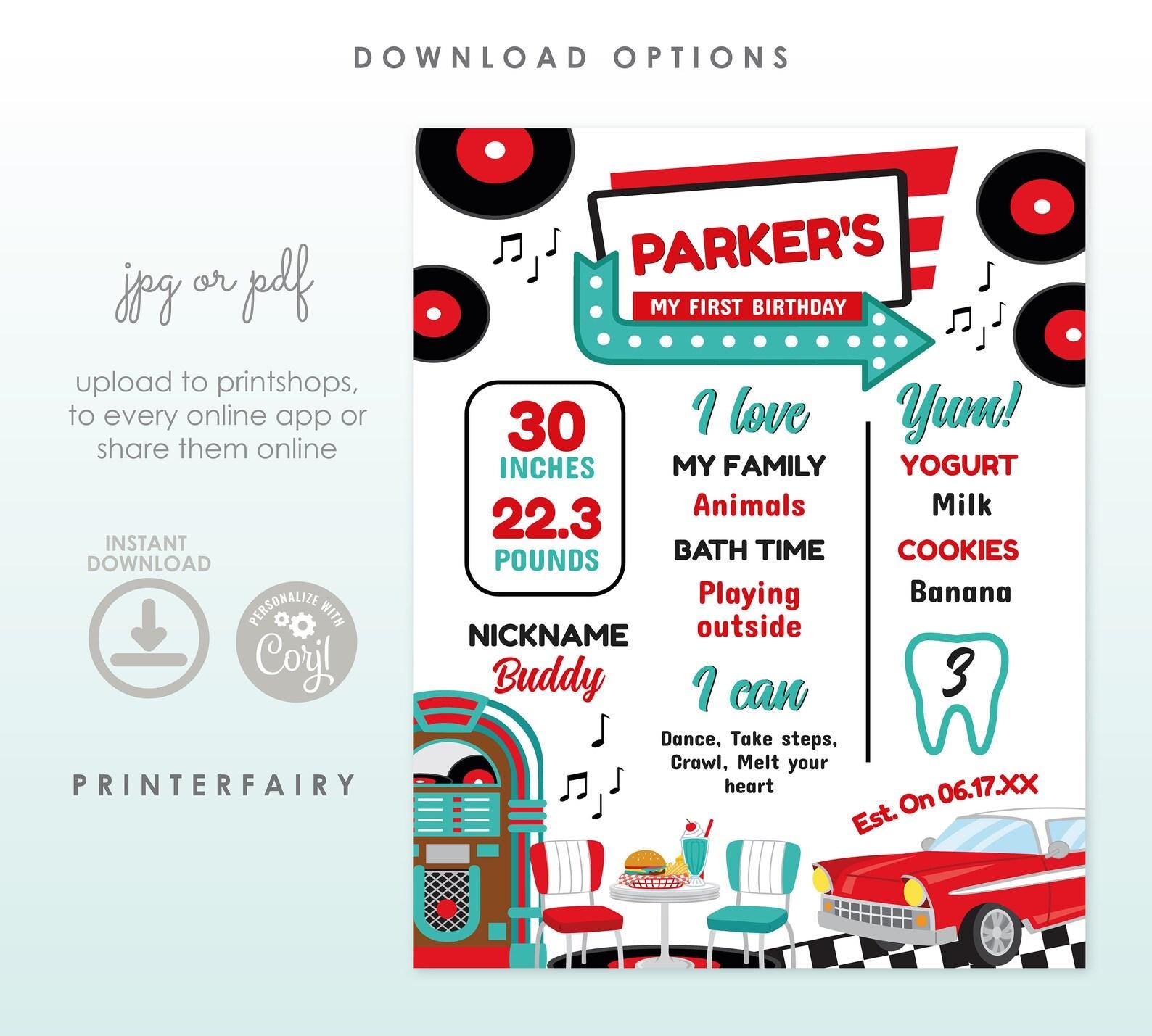 Diner 1st Birthday Bundle, Editable Invitation, Milestone Board, Decorations (Digital Download)