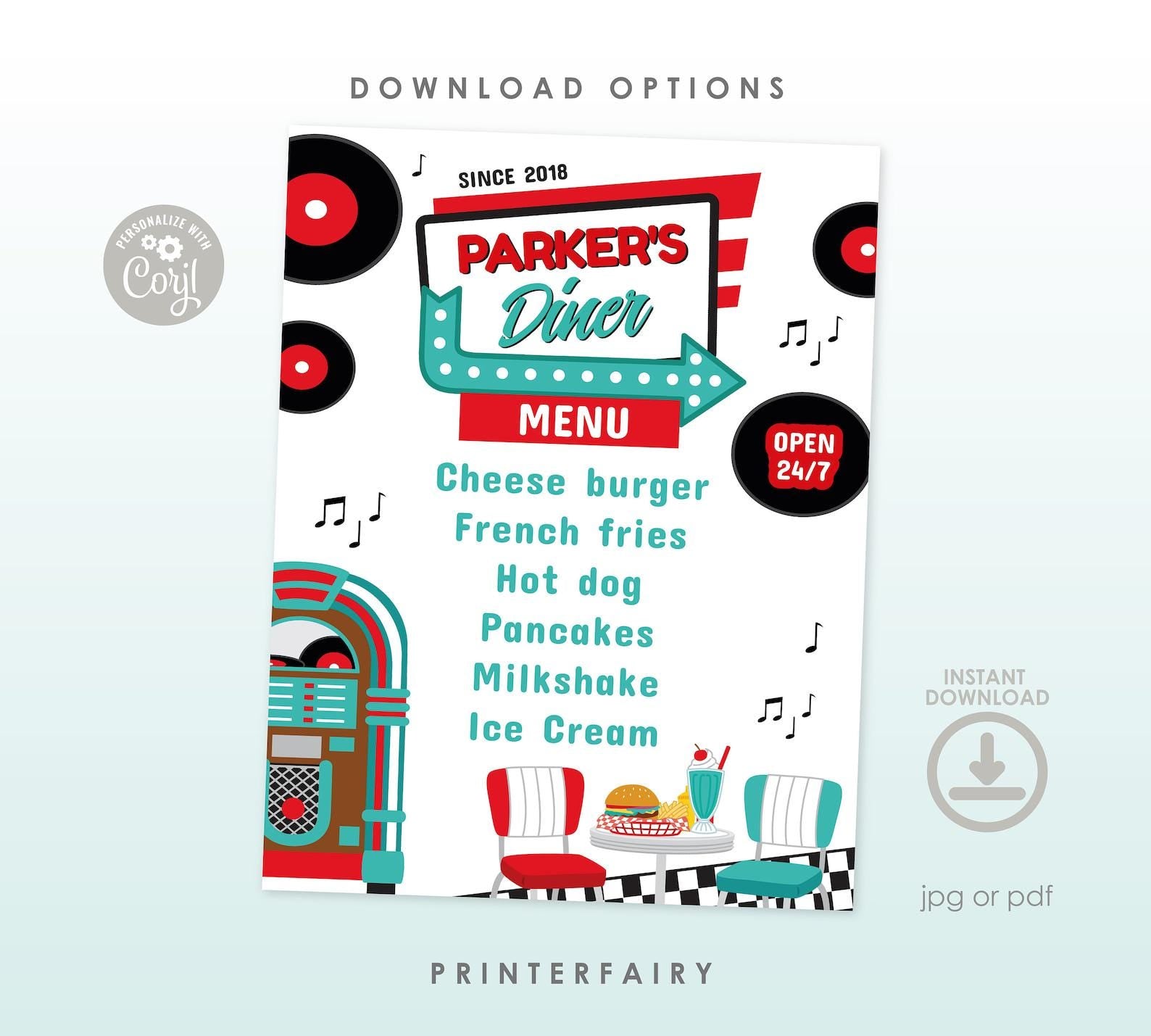 Diner Graduation Party Bundle, Editable Invitation, Signs, Menu (Digital Download)