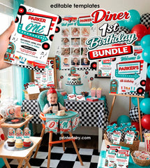 Diner 1st Birthday Bundle, Editable Invitation, Milestone Board, Decorations (Digital Download)