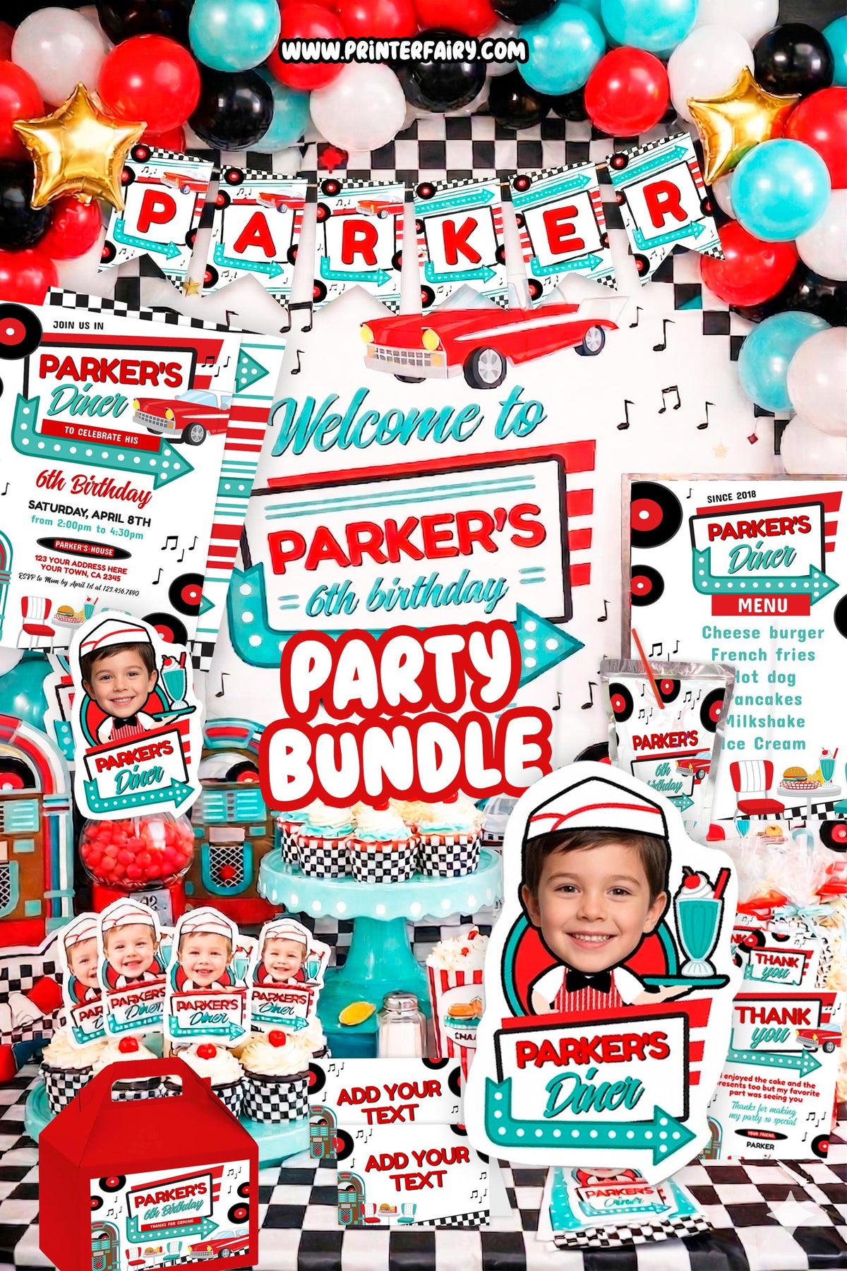 Diner Party Bundle, Editable Birthday Invitation, Signs, Decorations (Digital Download)