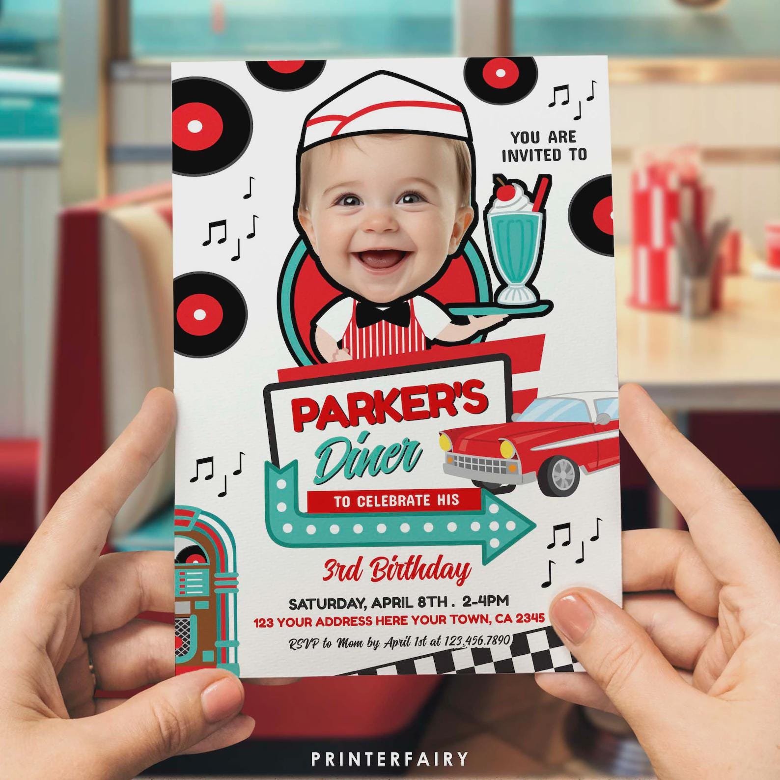 Diner 1st Birthday Invitation Bundle, Editable Templates (Digital Download)