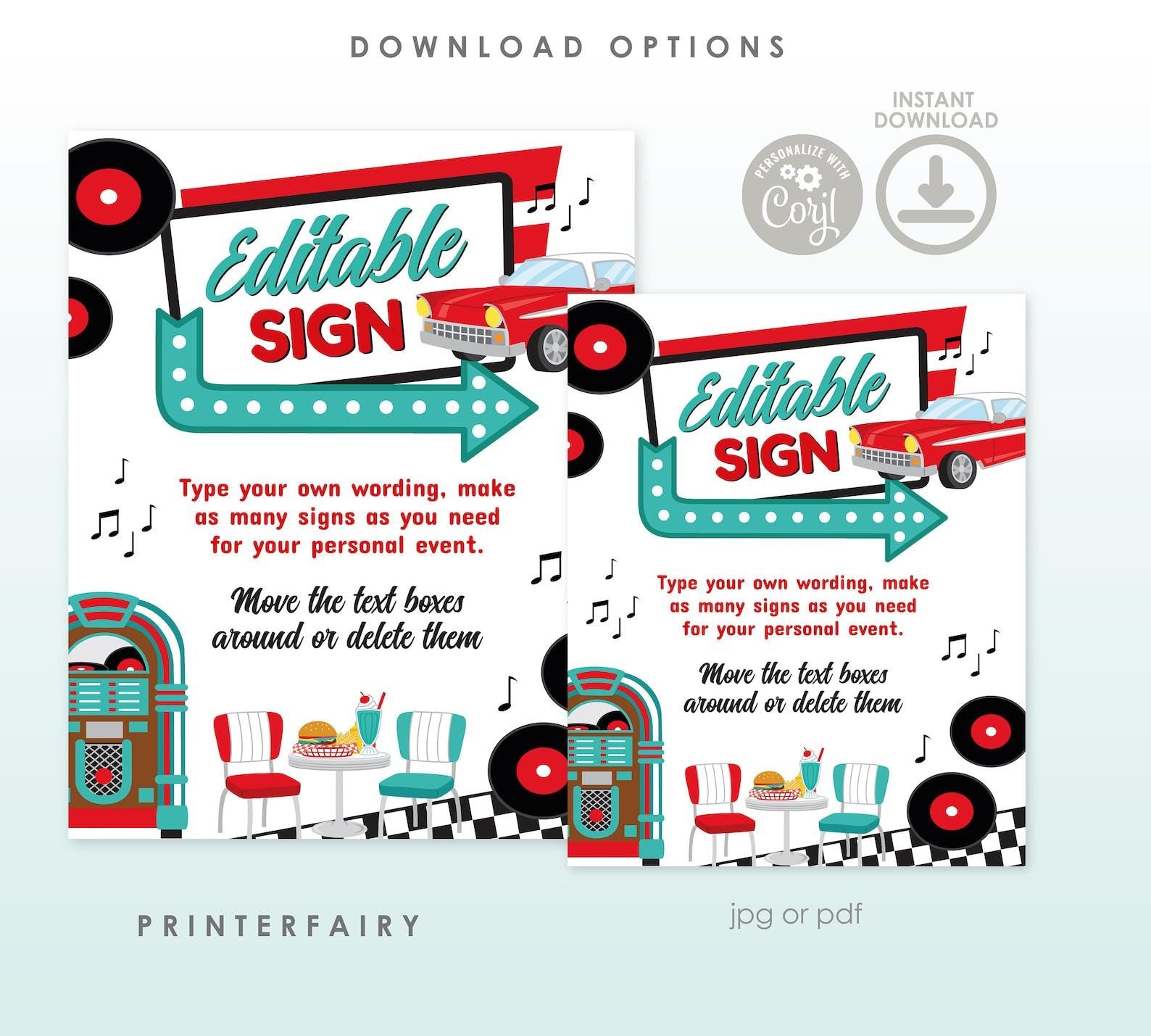 Diner Graduation Party Bundle, Editable Invitation, Signs, Menu (Digital Download)