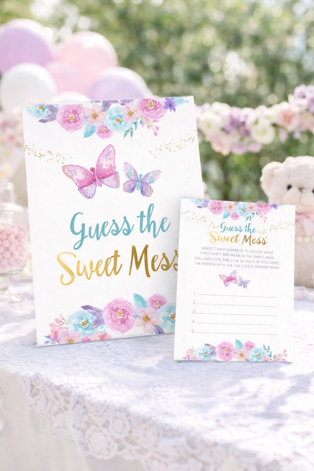 Butterfly Baby Shower Games, Guess Sweet Mess Sign and Cards (Digital Download)