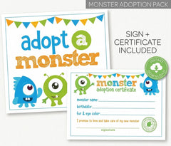 Little Monster Party Adoption Sign & Certificate Ready to Print, INSTANT DOWNLOAD