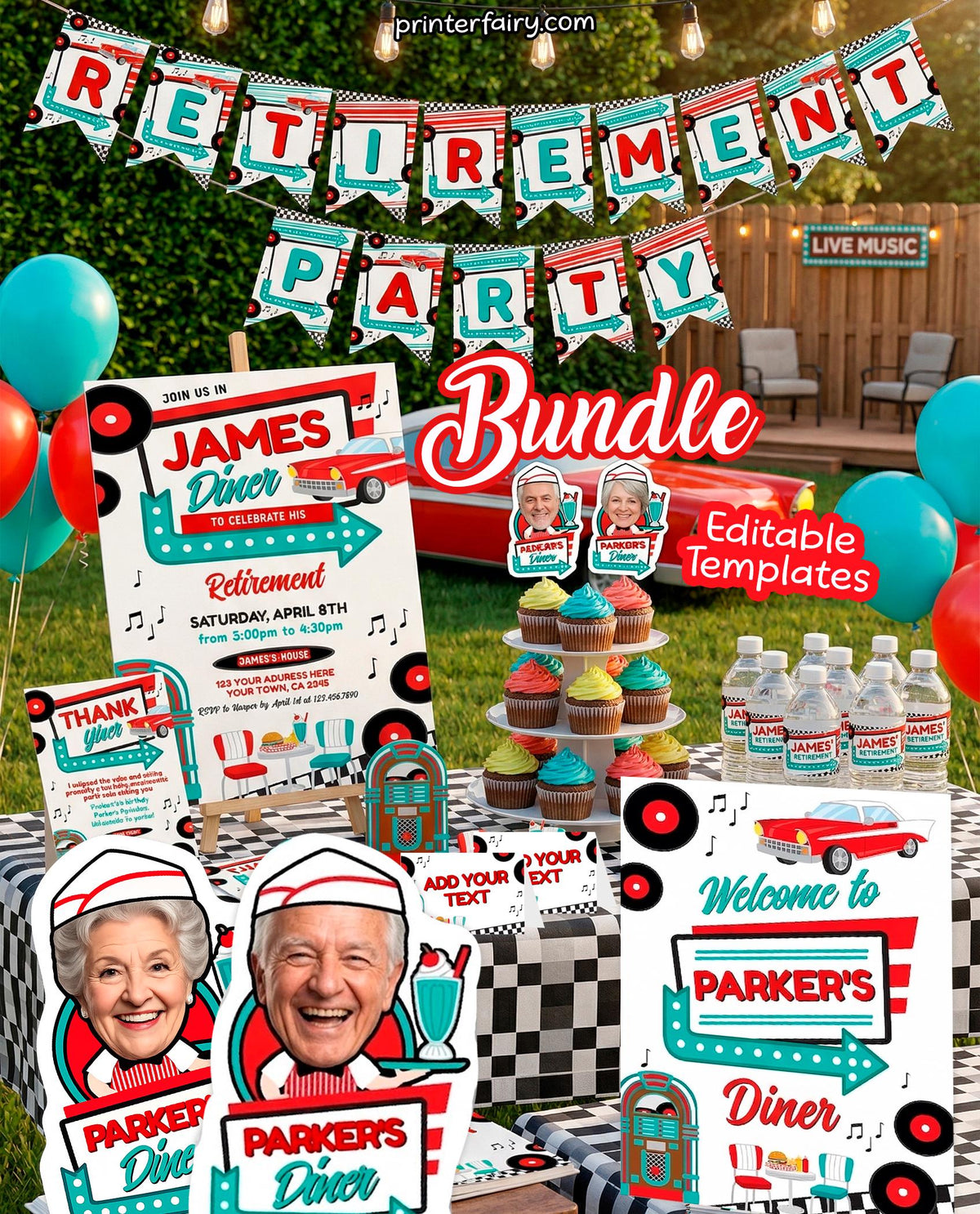 Diner Retirement Party Bundle, Editable Invitation, Signs, Menu (Digital Download)