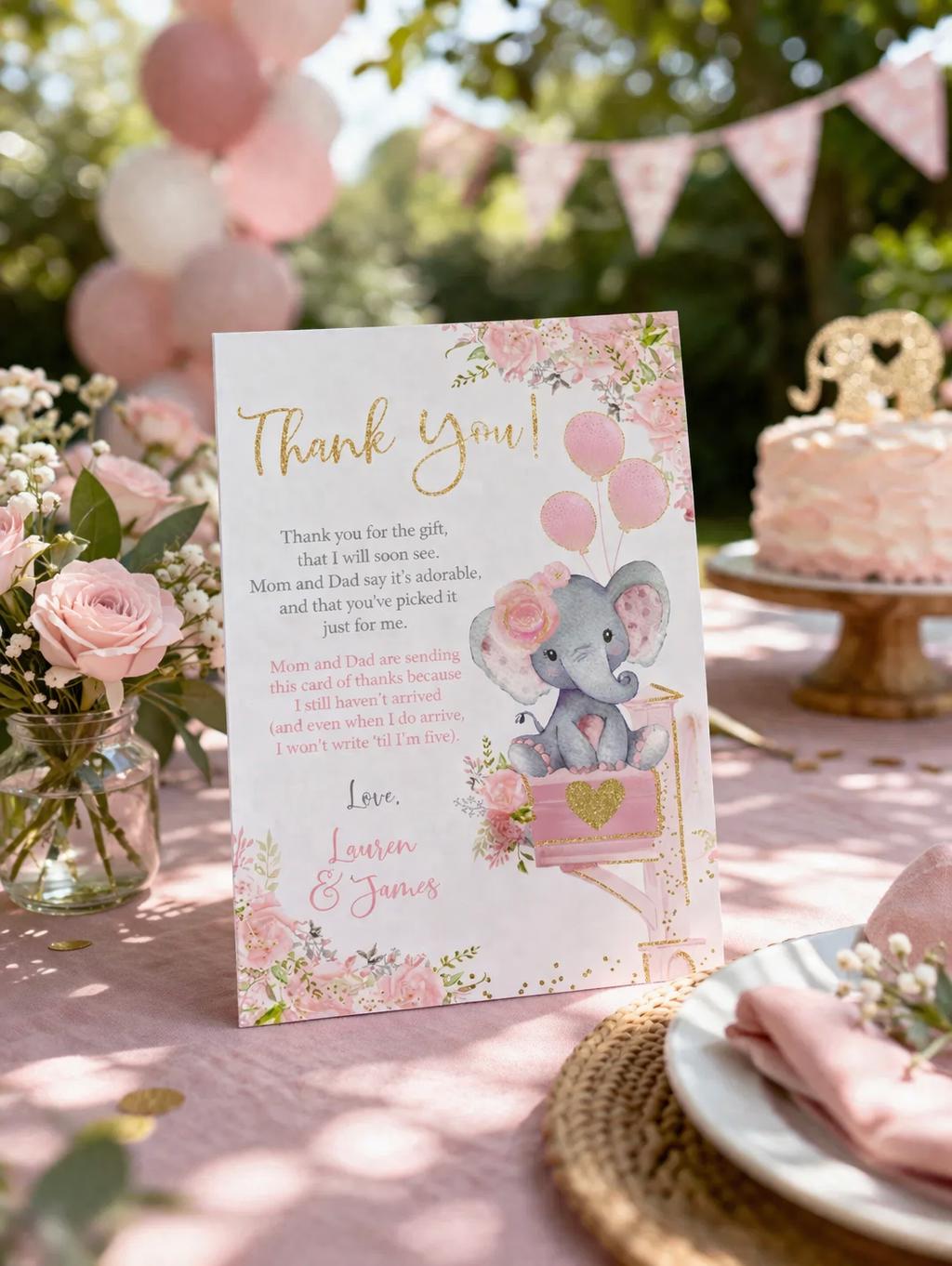 Baby Shower by Mail Floral Elephant Thank You Cards EDITABLE Template, Instant Download