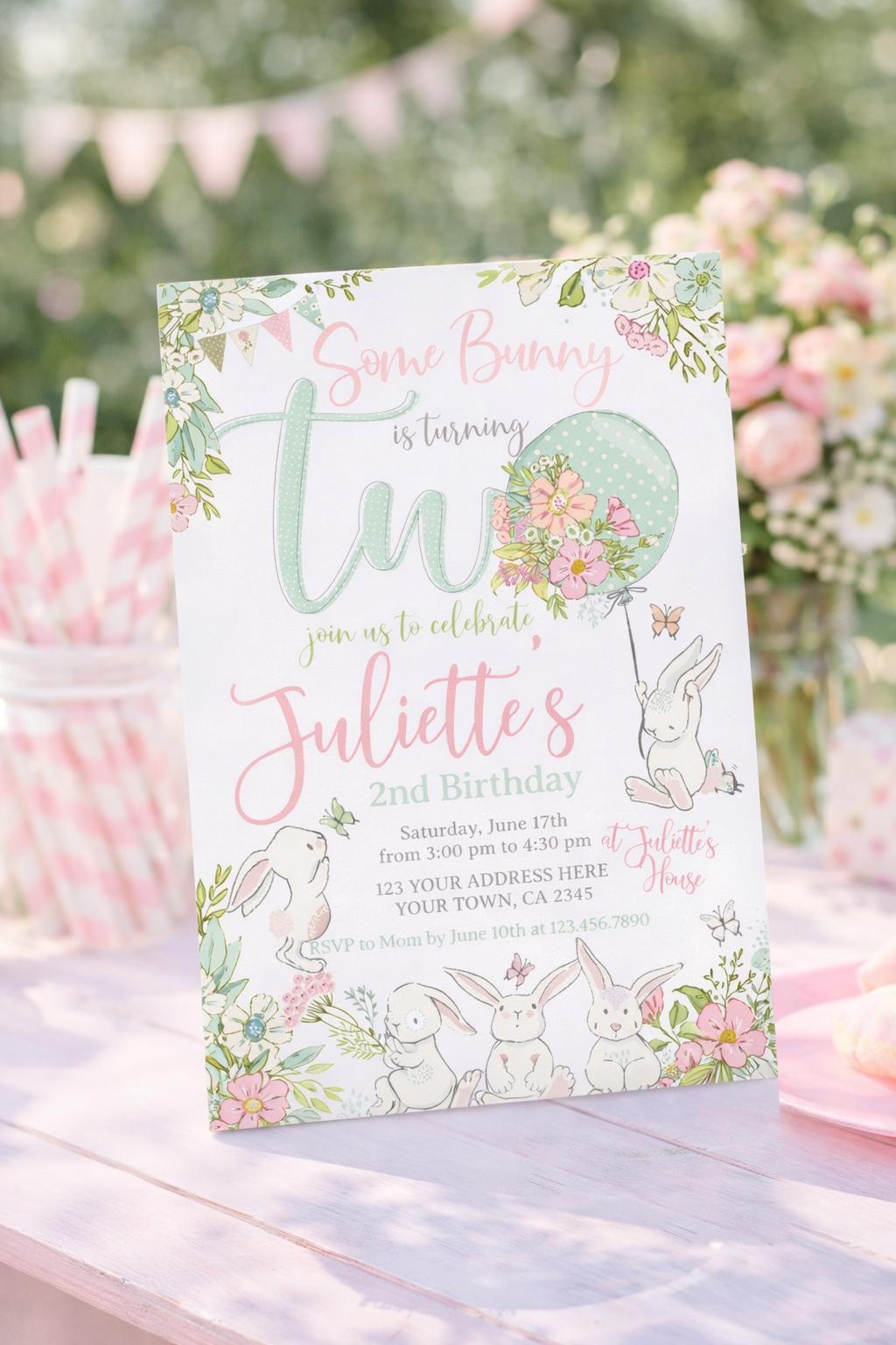 Bunny 2nd Birthday Invitation, Some Bunny is Two Party Invite (Digital Download)