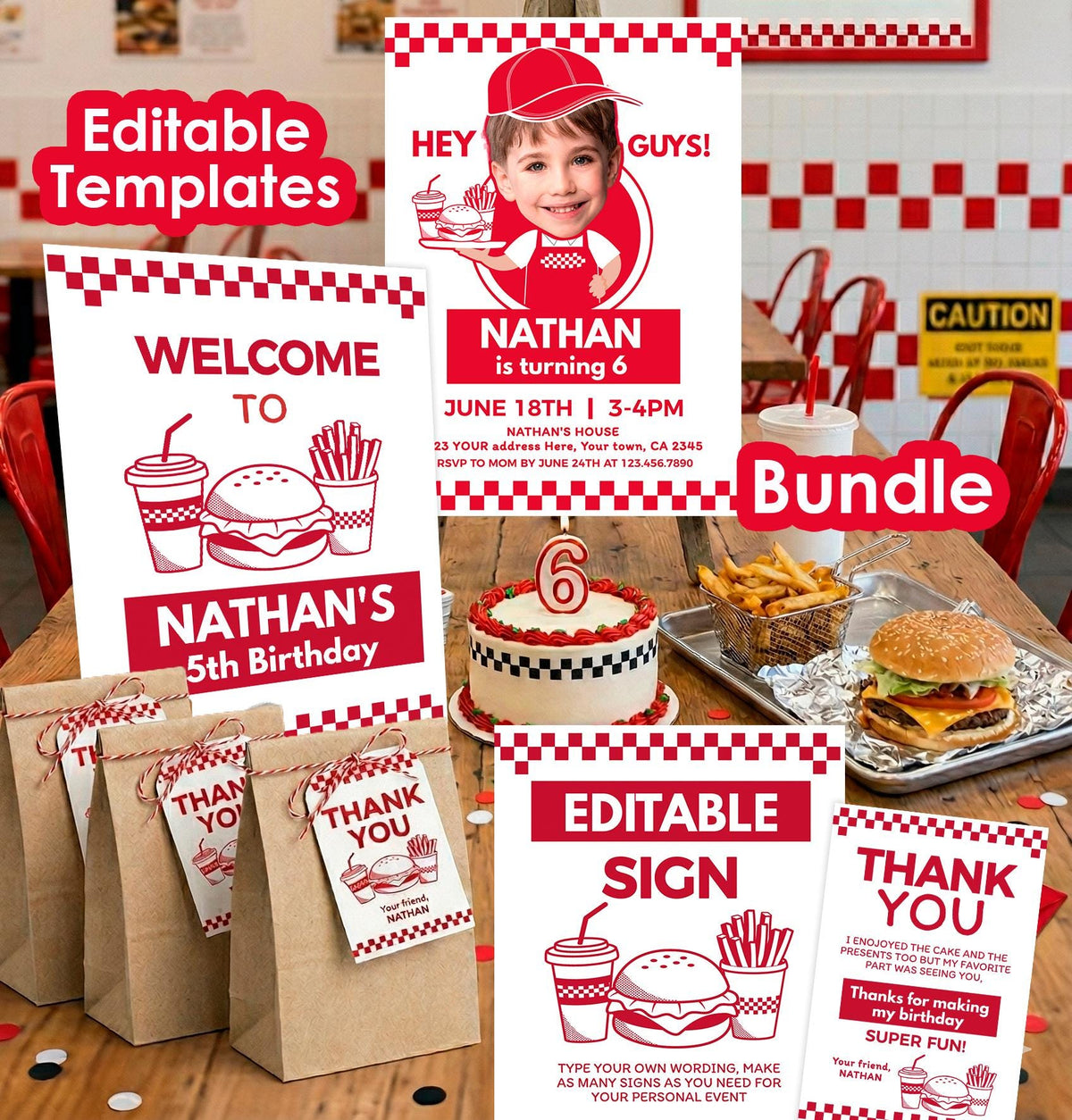 Burger Party Invitation Bundle, Editable Templates (Digital Download)