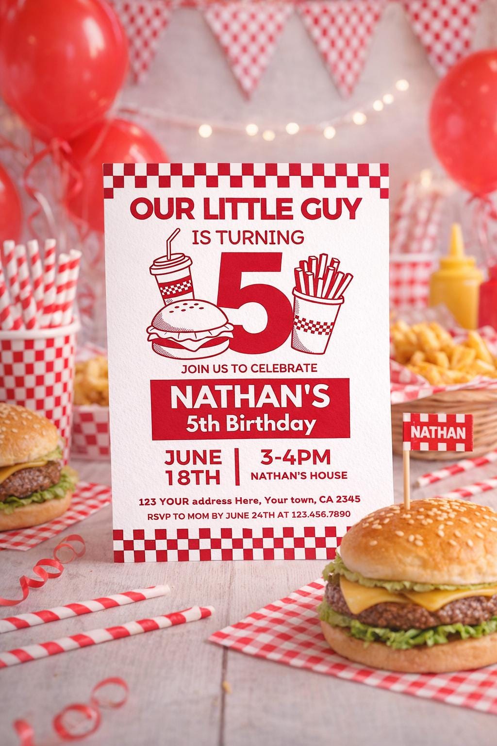 Burger Party Invitation Editable Template, Restaurant Birthday Invitation, Instant Download