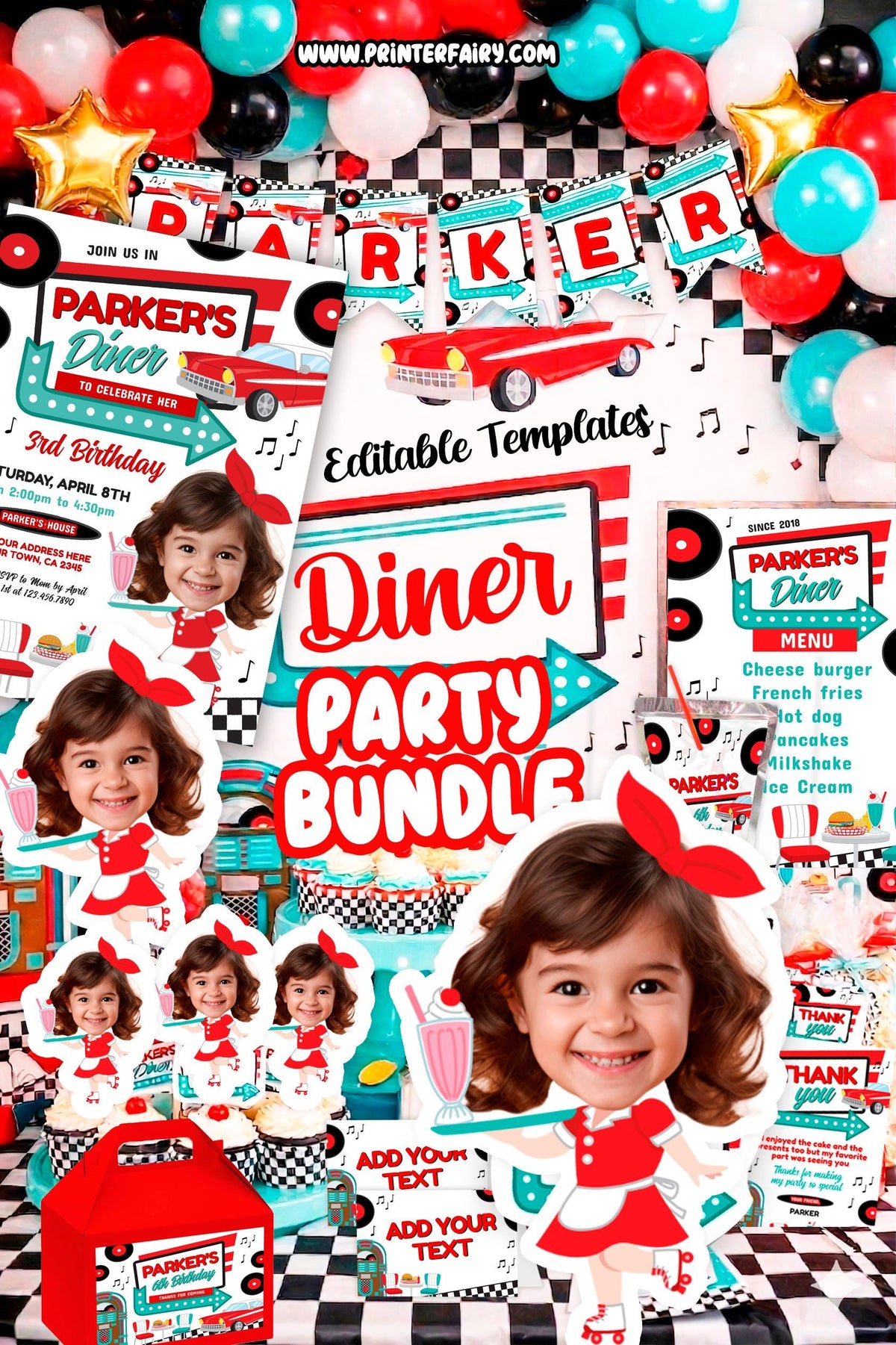 Diner Party Editable Bundle, Invitation, Signs, Labels, Decor (Digital Download)
