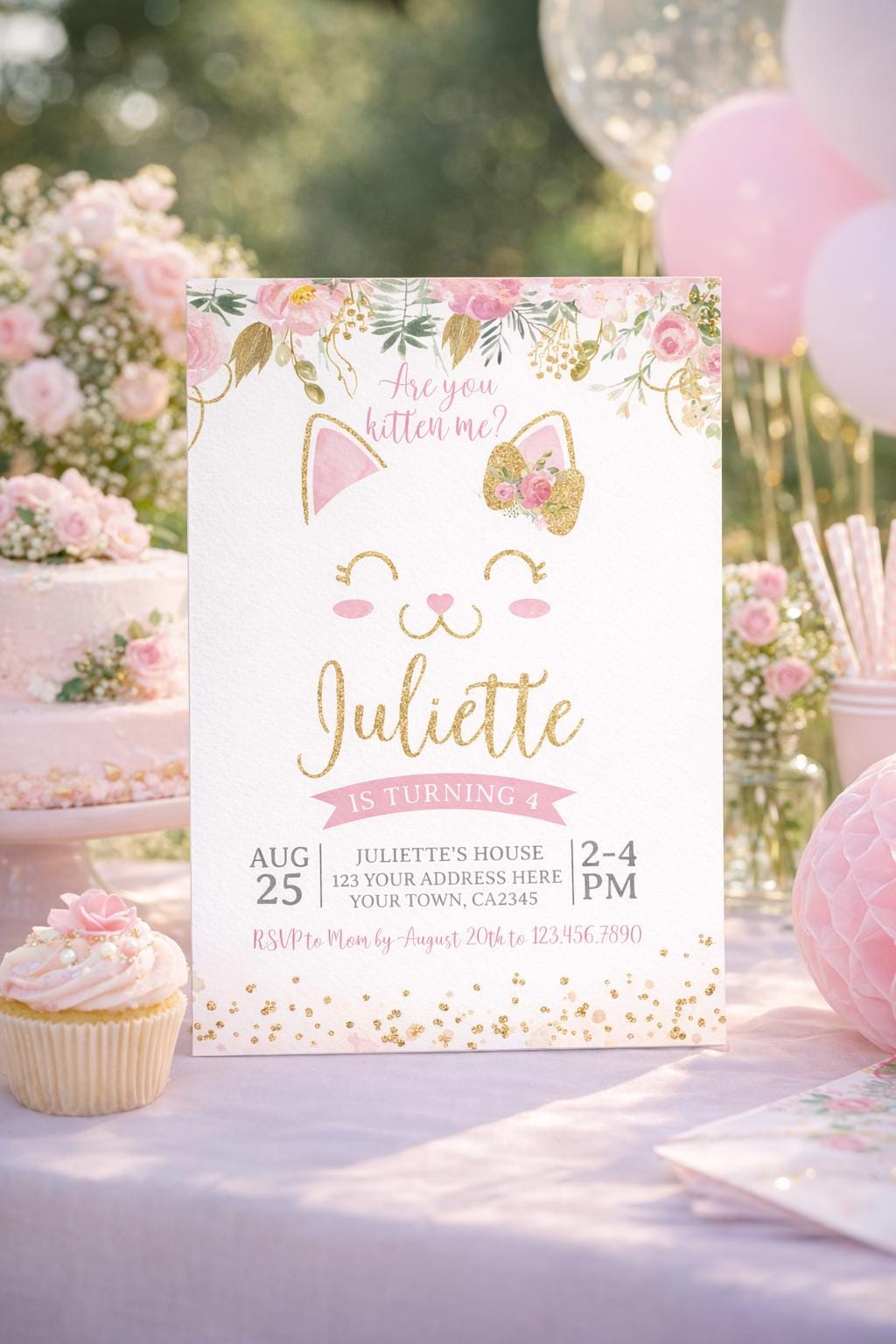 Floral Kitty Cat Birthday Invitation Editable Template for Any Age, Pawty Invite (Instant Download)