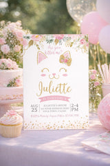 Floral Kitty Cat Birthday Invitation Editable Template for Any Age, Pawty Invite (Instant Download)