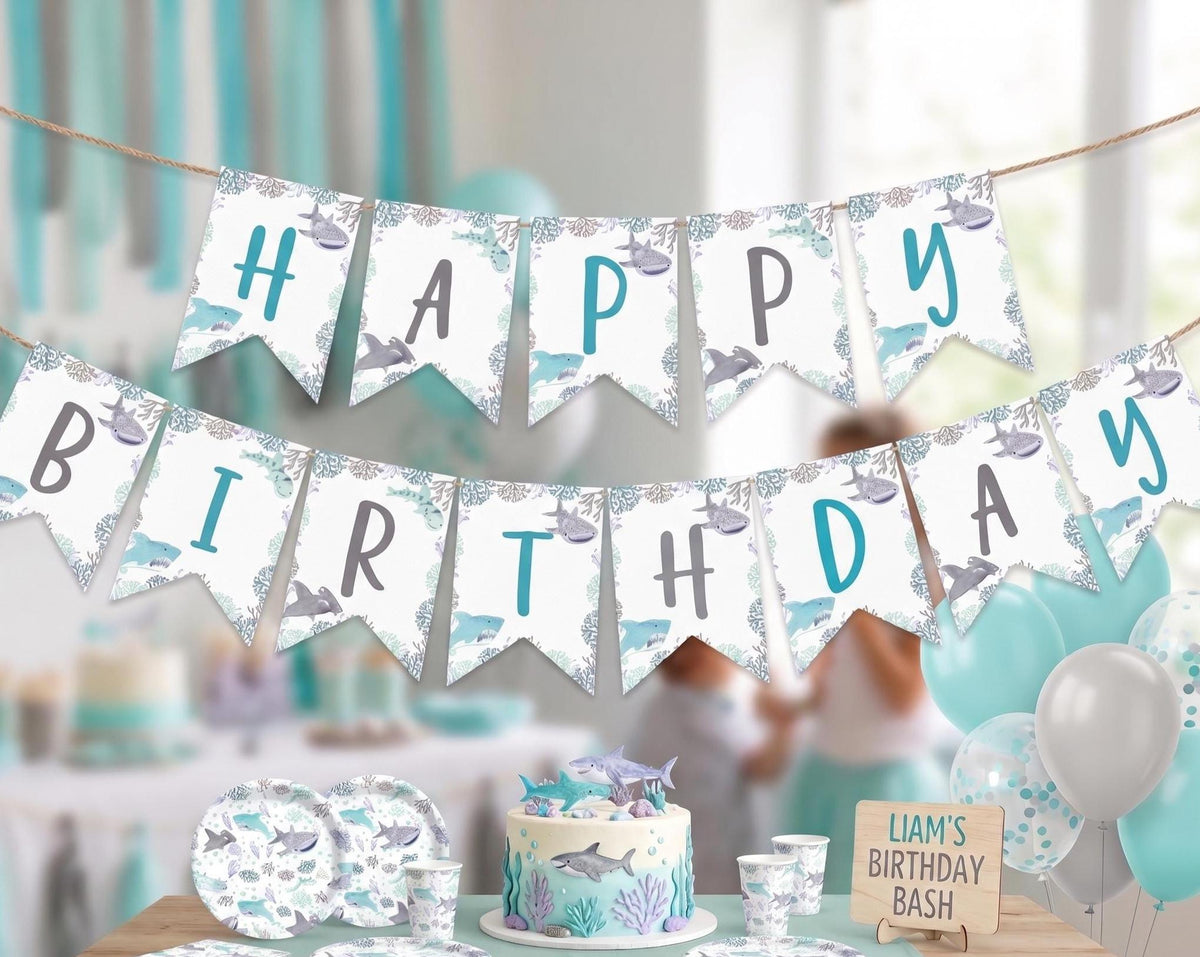 Editable Shark Birthday Banner, Under the Sea Party (Digital Download)
