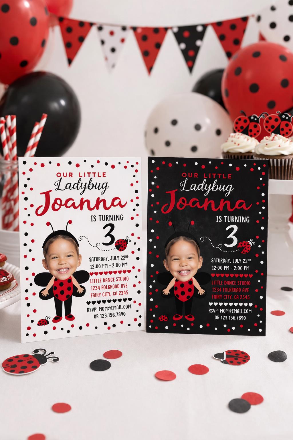 Ladybug Personalized Birthday Invitation with Photo, Polkadot Party (Digital)