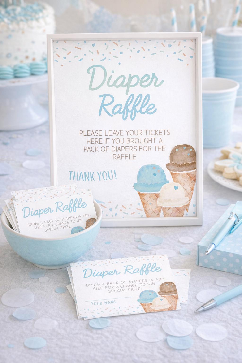 Ice Cream Diaper Raffle Sign and Cards, Baby Shower (Digital Download)