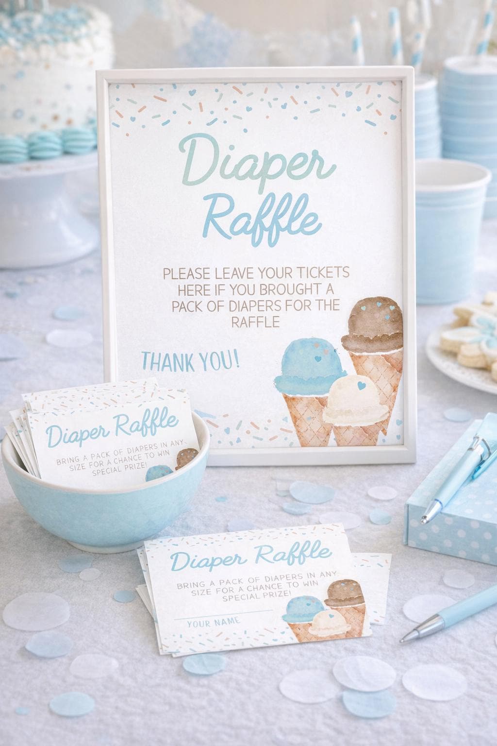 Ice Cream Diaper Raffle Sign and Cards, Baby Shower (Digital Download)