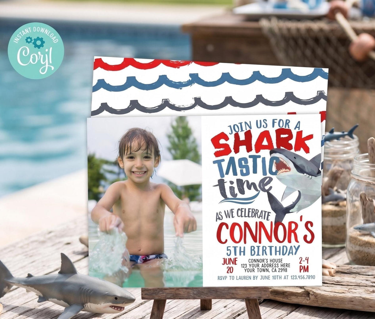 Shark Birthday Invitation with Photo Editable Tmplate, Pool Party Invite (INSTANT DOWNLOAD)
