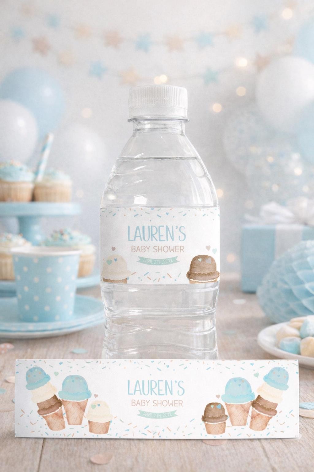 Ice Cream Baby Shower Water Bottle Label Editable Template (Digital Instant Download)