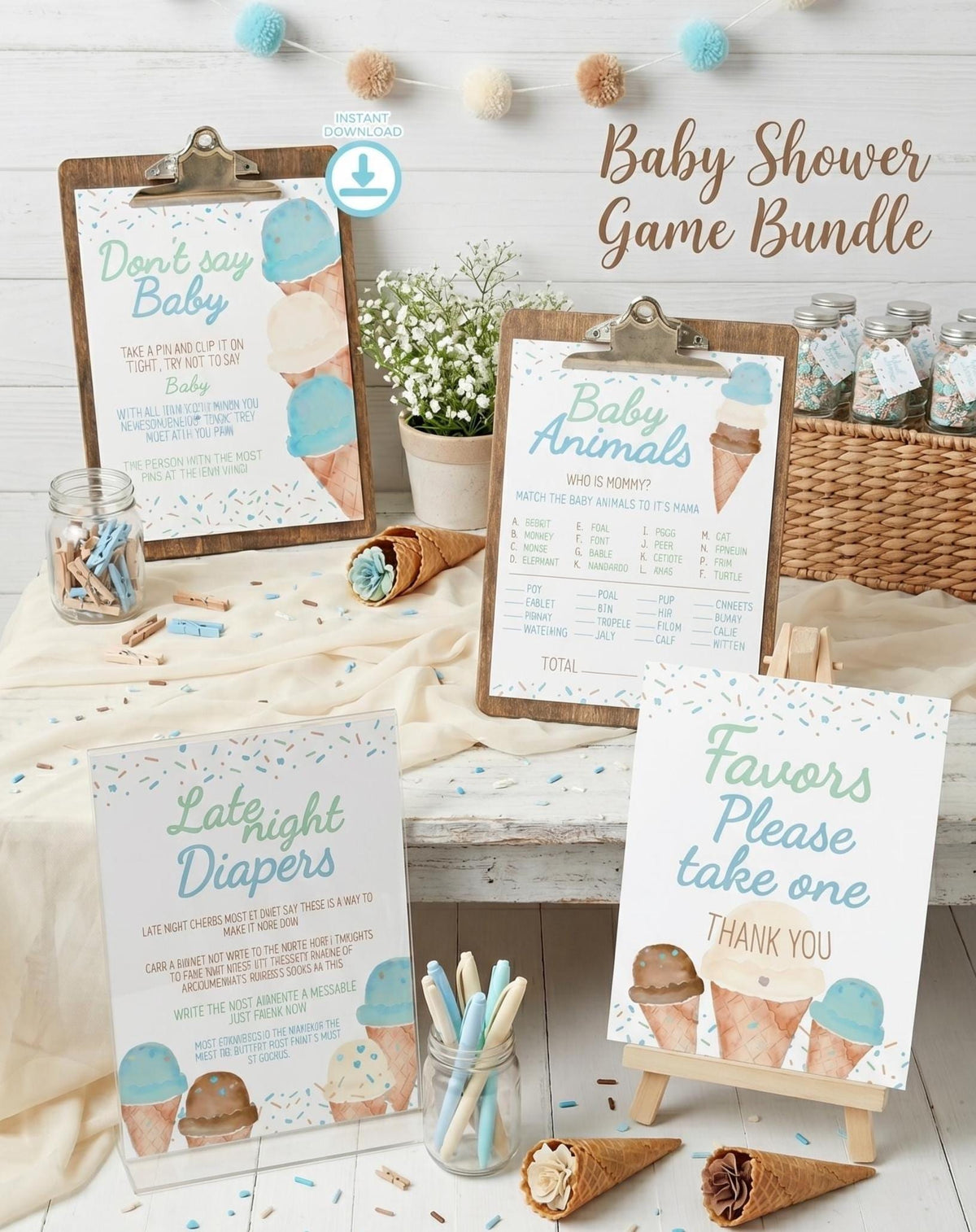 Ice Cream Baby Shower Games Bundle Editable Templates (Digital INSTANT Download)