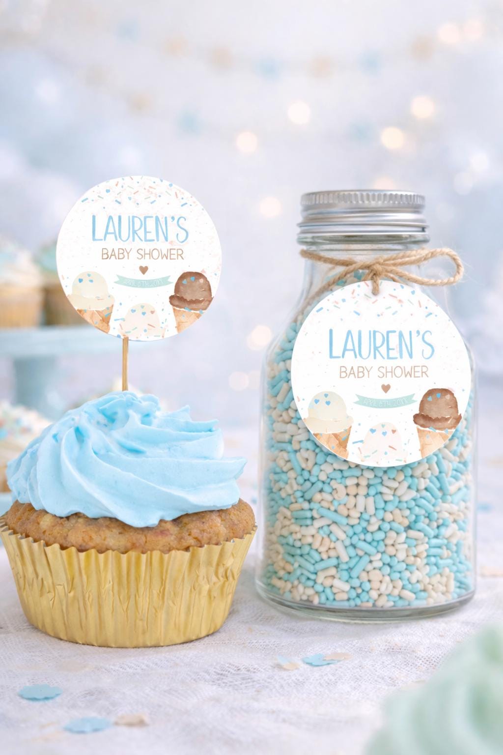 Ice Cream Baby Shower Cupcake Toppers or Labels Editable Template, (Digital Instant Download)