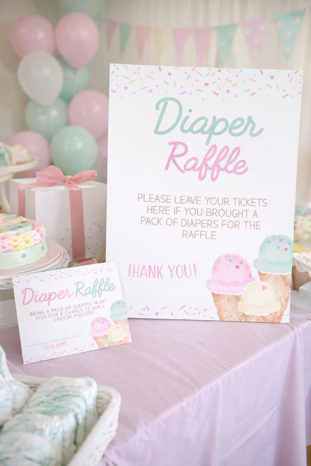 Ice Cream Baby Shower Diaper Raffle Sign and Ticket Editable Templates (Digital Instant Download)