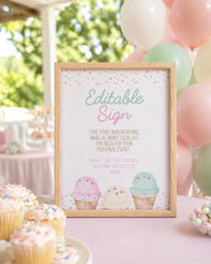 Ice Cream Baby Shower Sign, Editable Watercolor Design (Digital Download)