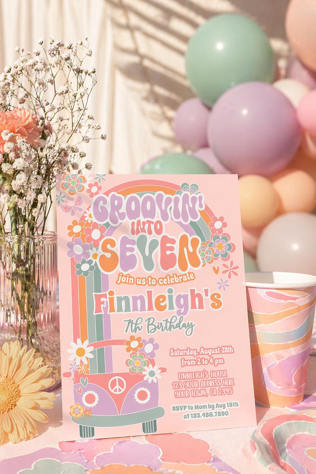 Groovin into Seven Invitation, 7th Birthday, 70s Hippie Party (Digital Instant Download)