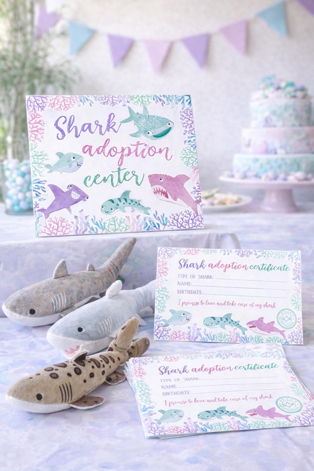 Shark Adoption Center Sign and Certificates, Birthday Party Games (Instant Download)