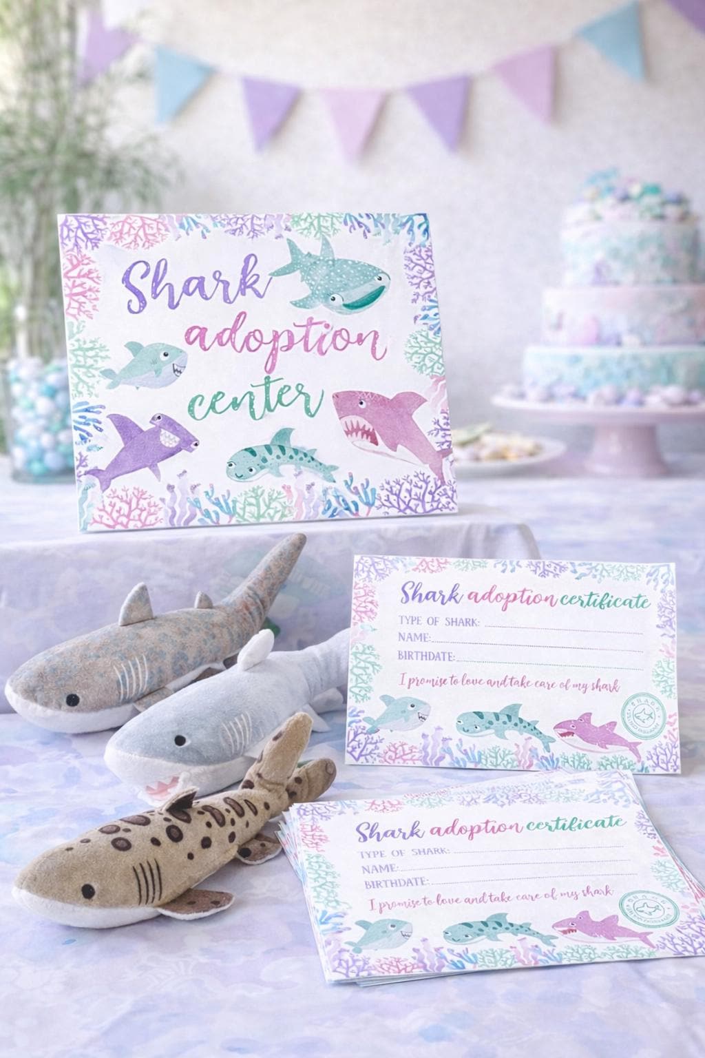 Shark Adoption Center Sign and Certificates, Birthday Party Games (Instant Download)