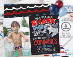 Shark Birthday Invitation with Photo Editable Template (Digital Instant Download)