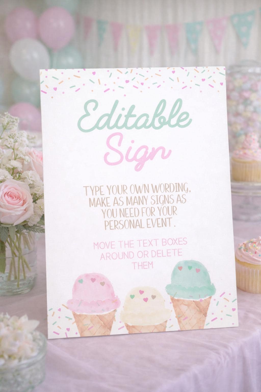 Ice Cream Baby Shower Sign, Editable Watercolor Design (Digital Download)