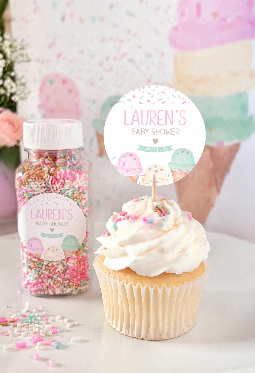 Ice Cream Baby Shower Toppers, Editable Label Template (Digital Instant Download)
