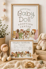 Editable Doll Adoption Certificate, Floral Birthday Party Sign (Instant Download)